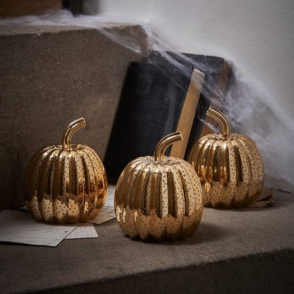 Lights4fun 3er-Set Glas-Kürbisse LED Deko - Gold 12cm