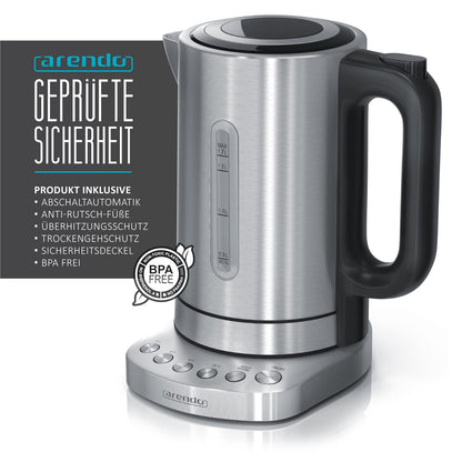 Arendo Edelstahl Wasserkocher mit Temperaturwahl, 1,7 l, 3000 W