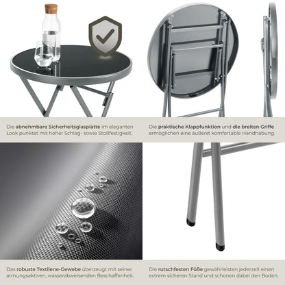 tectake Bistroset 3-teilig: Klapptisch rund und 2 Klappstühle, grau