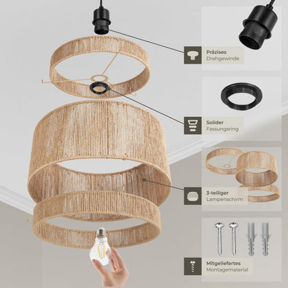 tectake Hängelampe Boho, Pendelleuchte aus Jute, Ø 46 cm, E27