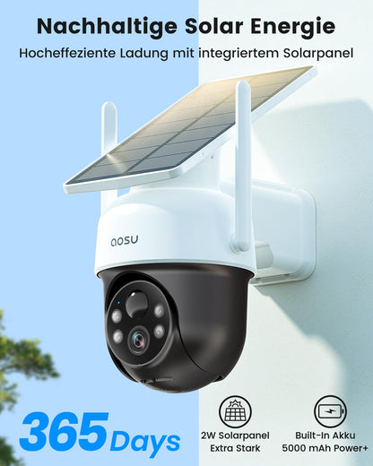 aosu Überwachungskamera Aussen Solar 2K mit 360° PTZ und Akku
