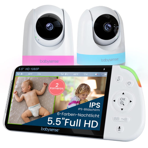 Babysense Babyphone mit 2 Kameras, Full HD Split-Screen, Nachtlicht und Elterneinheit mit grossem Display