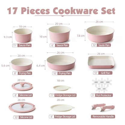 SENSARTE Keramik Kochgeschirr-Set 17-teilig, abnehmbarer Griff, Rosa