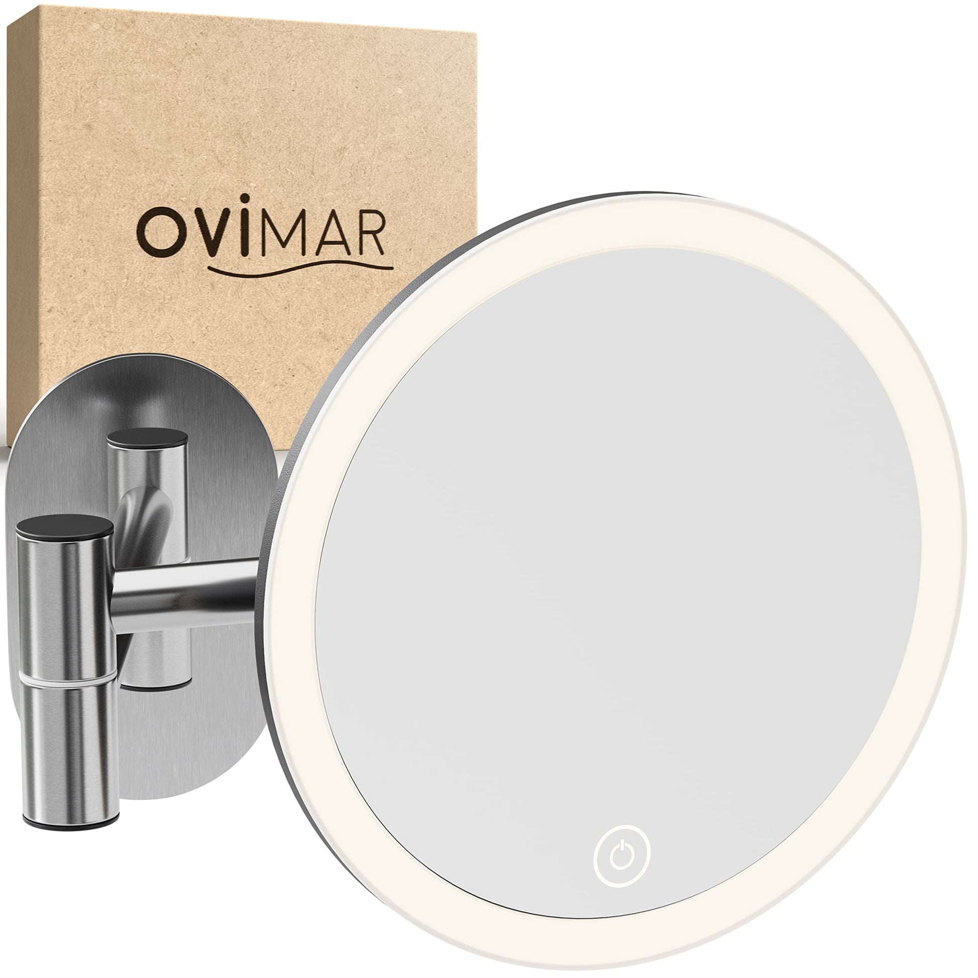 ovimar Kosmetikspiegel Vorupor Silber mit Beleuchtung, 5-fach – Wandspiegel aus gebürstetem Edelstahl