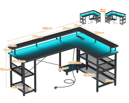 ODK Gaming Eckschreibtisch LED – Schwarz 168x120cm