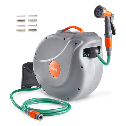VonHaus Schlauchtrommel 30 m, automatischer Wand-Schlauchaufroller mit 8-Funktionen-Sprühpistole