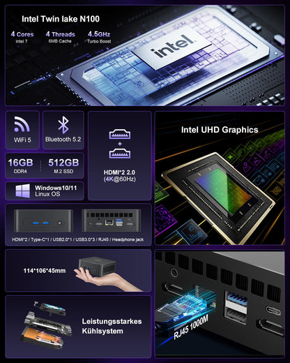 Ninkear Mini PC N100 - 16GB RAM 512GB SSD für Büro & Heim