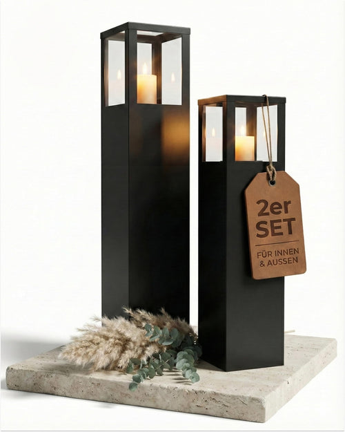 Bentson Windlichtsäule 2er Set, eckige Gartenlaterne, 95 + 75 cm, mit kunstvollen Ausstanzungen