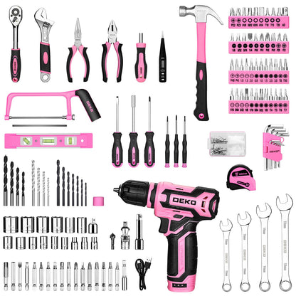 DEKO 238-teiliges Werkzeugset mit 12-V-Akku-Bohrmaschine, rosa