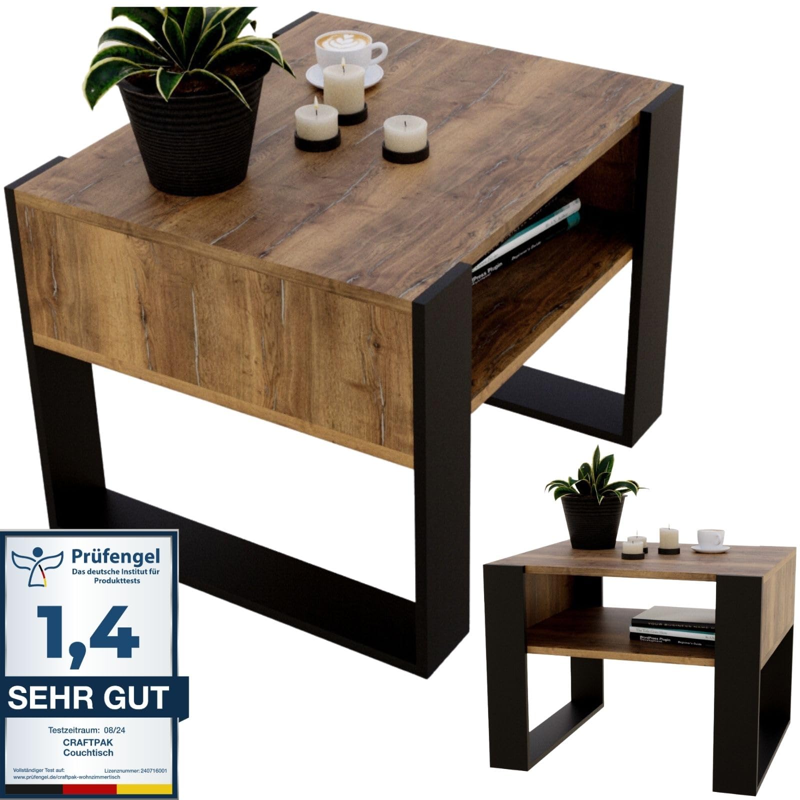 CraftPAK Wohnzimmer Couchtisch Holz mit Ablage – Retro-Schwarz. Rechteckiger Holztisch, schwarz, mit unterer Ablage. Bietet Abstellfläche im Wohnzimmer.