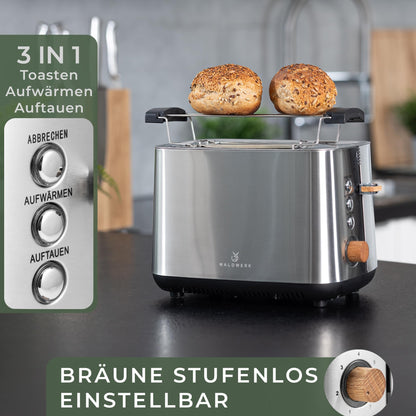 WALDWERK Design Toaster – Edelstahl Eiche mit Brötchenaufsatz 2 Scheiben