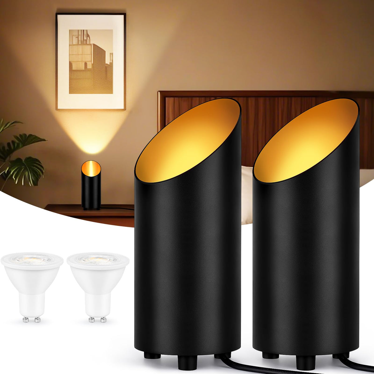 GeyouLux LED Bodenstrahler Uplight GU10 2700K IP44 2er Set Schwarz aus mattem Aluminium