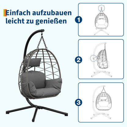 GarveeHome Hängesessel mit Gestell, PE-Rattan, bis 150 kg, Grau