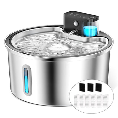 PawPoll Katzenbrunnen kabellos mit Bewegungsmelder, 3,2 L Edelstahl, Trinkschale mit Wasserstandsfenster