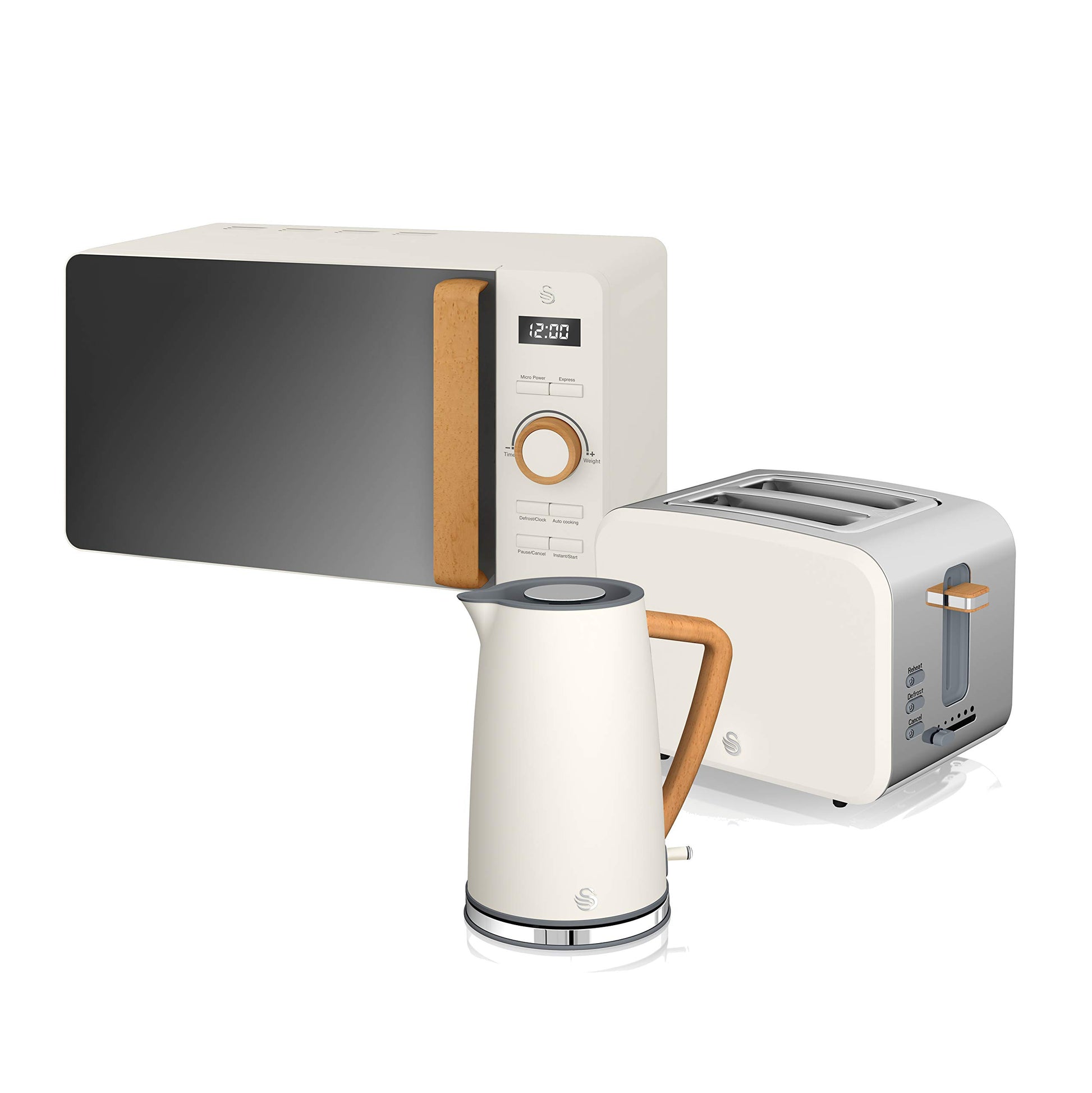 Swan Nordic Frühstücksset – Wasserkocher, Toaster, Mikrowelle Weiss: Zylindrischer Kocher, Toaster, Mikrowelle zum Erwärmen von Speisen.