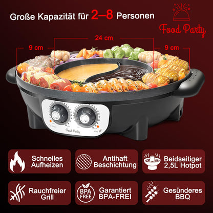 Food Party Hot Pot und Tischgrill Elektrisch – XXL für 8 Personen