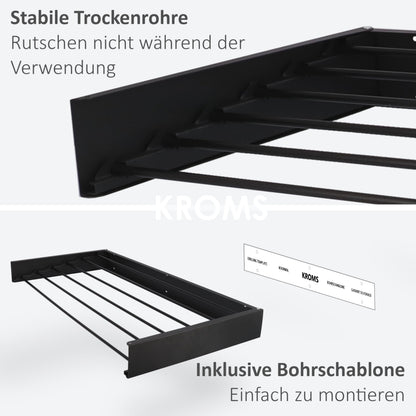 KROMS Wandwäscheständer ausziehbar XL Schwarz, 6 m Trockenlänge