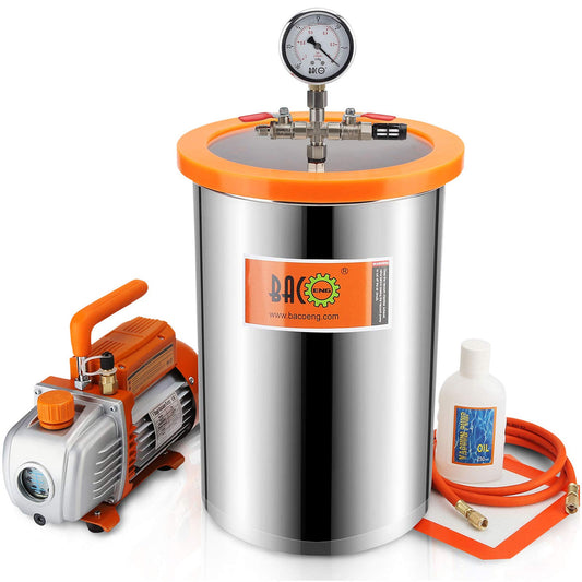 BACOENG Vakuumkammer Set 19L mit Vakuumpumpe 85L/Min. Edelstahl-Vakuumkammer mit transparentem Deckel und Pumpe. Ideal zum Entgasen.