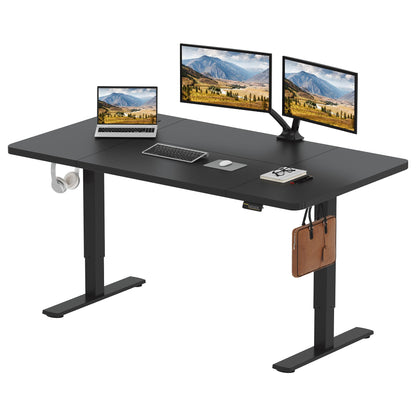 SANODESK Höhenverstellbares Stehpult 160x60 cm Schwarz. Rechteckige schwarze Tischplatte, elektrisch höhenverstellbares Gestell für ergonomisches Arbeiten.