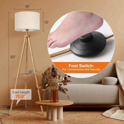 OUTON LED Stativ Stehleuchte Holz Regal - Beige Schirm