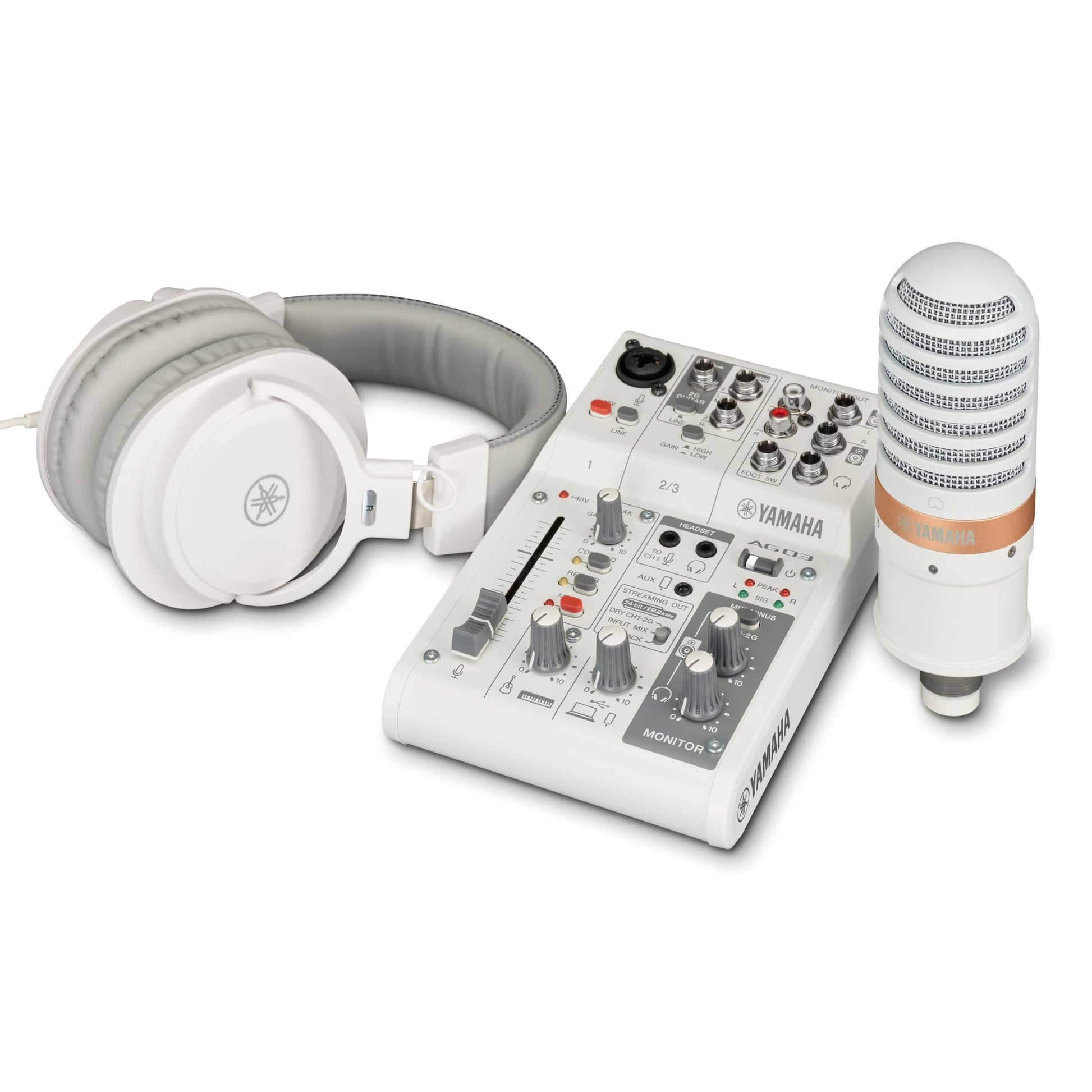 Yamaha AG03MK2 Live-Streaming Paket - Weiss. Kompaktes, weißes USB-Audio-Interface für Audioaufnahme und -mischung bei Livestreams.