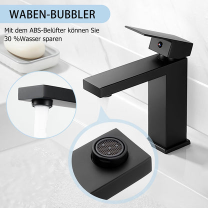 BOOXELY Waschtischarmatur Schwarz Matt mit Pop-Up Ablaufgarnitur
