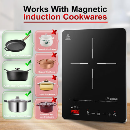 Aobosi Induktionskochplatte, 1 Platte, 2000 W, tragbar, Timer, silber
