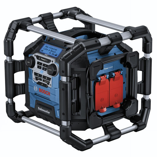 Bosch Professional 18V System Akku Baustellenradio GPB 18V-5 SC, blau-schwarz, rechteckig. Zur Wiedergabe von Radio und Musik auf Baustellen.
