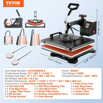 VEVOR Transferpresse Hitzepresse 38x30 cm, 360° schwenkbar, 8-in-1