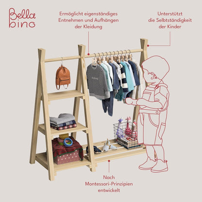 Bellabino Ryck Kleiderstange Kinder - Massivholz Natur 4 Ablagen