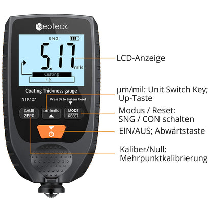 Neoteck Autolack Schichtdickenmessgerät Handheld LCD - Schwarzorange