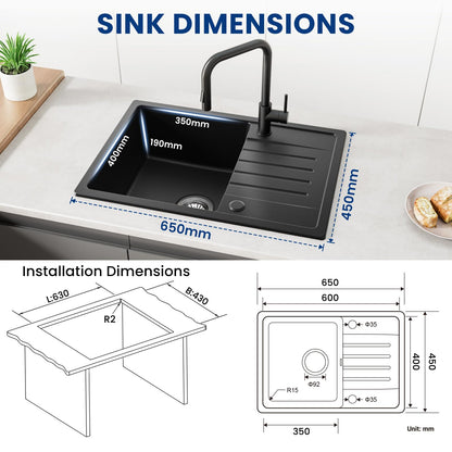 CECIPA Granit Küchenspüle Schwarz – 65x45 cm Einbauspüle