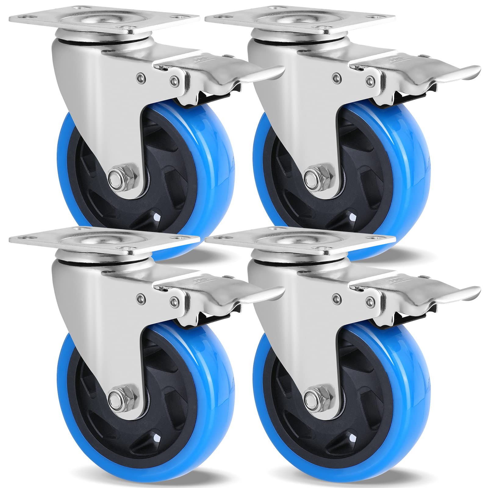 LIFERUN Schwerlast-Lenkrollen 100 mm, 4er Set mit Bremse, 600 kg – blaue Rollen mit Polyurethan-Beschichtung