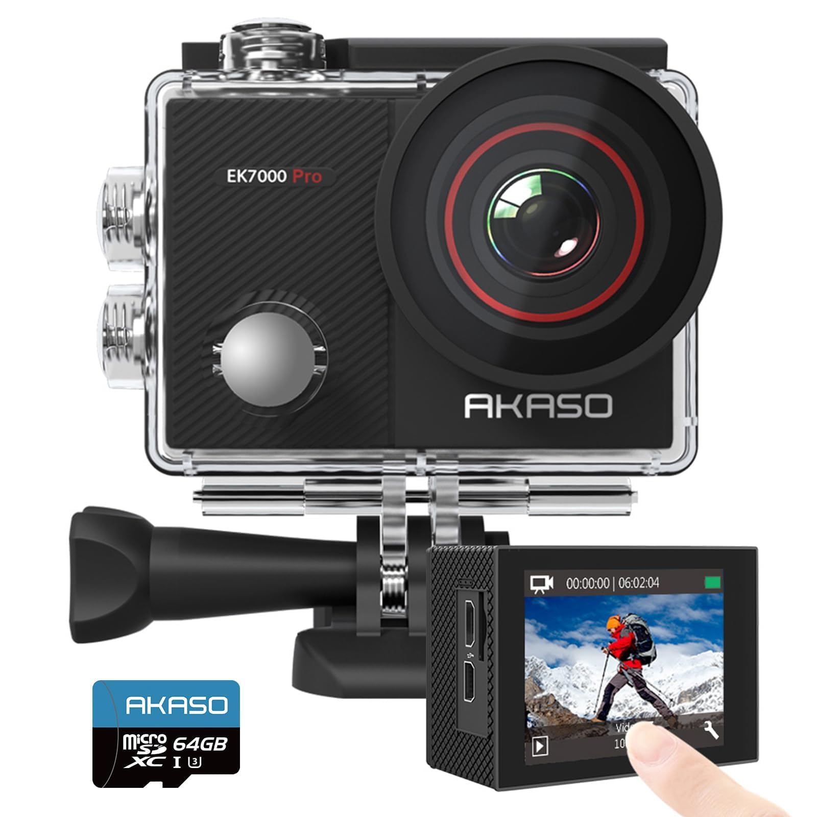 AKASO EK7000 Pro 4K Action-Kamera mit 64GB microSDXC Speicherkarte, 2-Zoll-IPS-Touchscreen und wasserdichtem Gehäuse