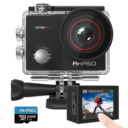 AKASO EK7000 Pro 4K Action-Kamera mit 64GB microSDXC Speicherkarte, 2-Zoll-IPS-Touchscreen und wasserdichtem Gehäuse