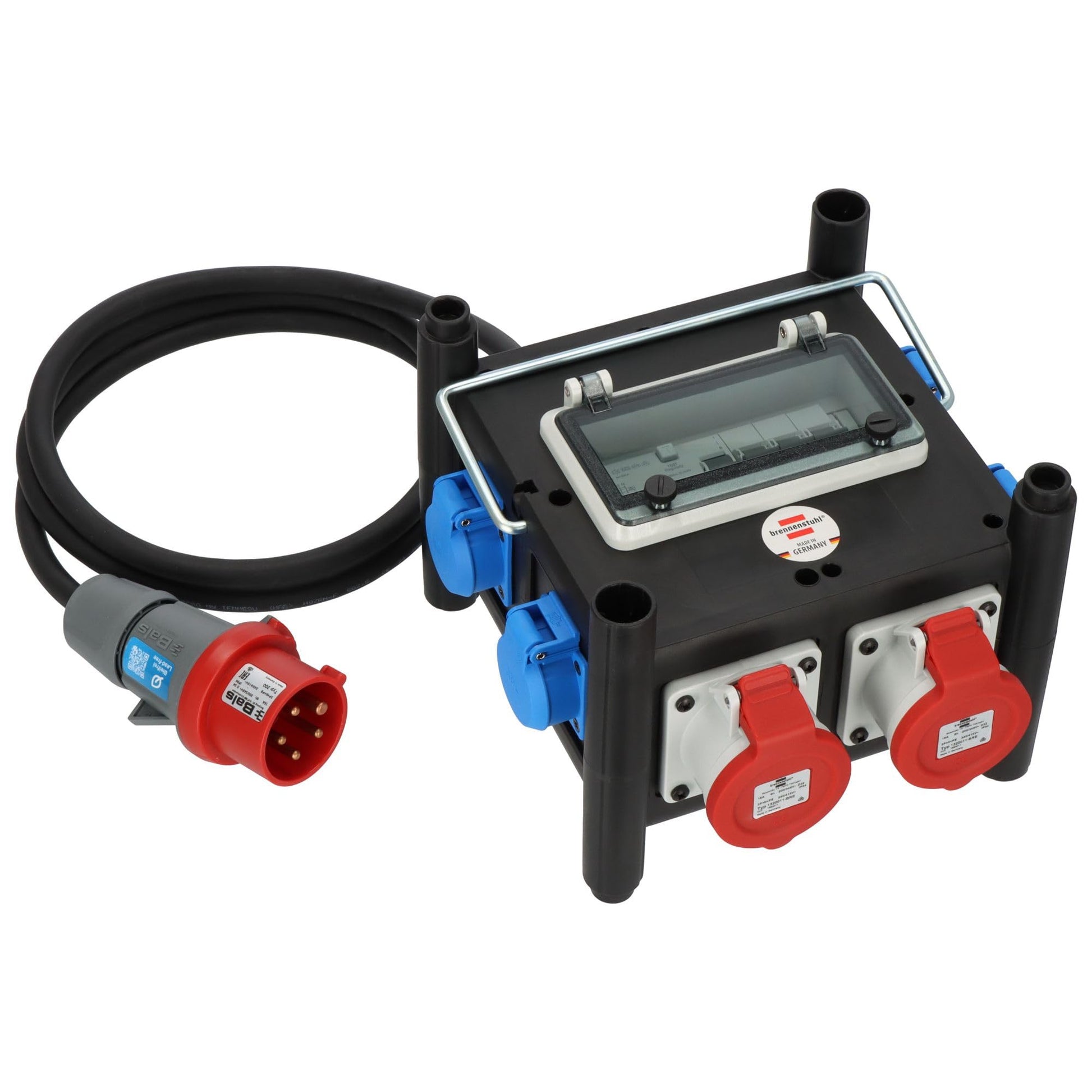 Brennenstuhl Kompakter Gummi-Stromverteiler CEE/Schuko FI-Schutz 2m. Rechteckiger, schwarzer Gummikörper mit CEE/Schuko-Anschlüssen und FI-Schalter für sichere Stromverteilung.