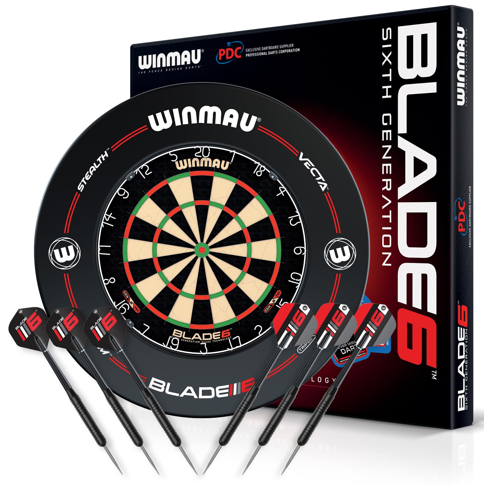 WINMAU Blade 6 Bristle Dartscheibe Set mit Surround und Darts, runde Sisal-Dartscheibe