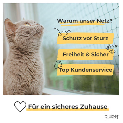 PiuPet Katzennetz drahtverstärkt 4x3 m schwarz inkl. Befestigungsset