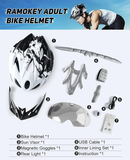 RaMokey Fahrradhelm mit LED-Licht und magnetischem Visier, 57-62 cm