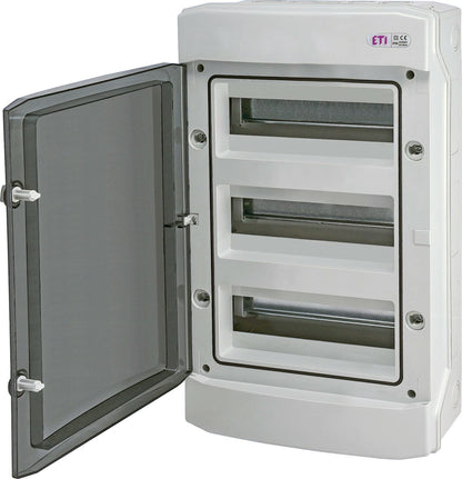 ETI Verteilerkasten Aufputz IP65 3-reihig 36 Module Feuchtraum, ABS-Gehäuse, transparente Polycarbonat-Tür