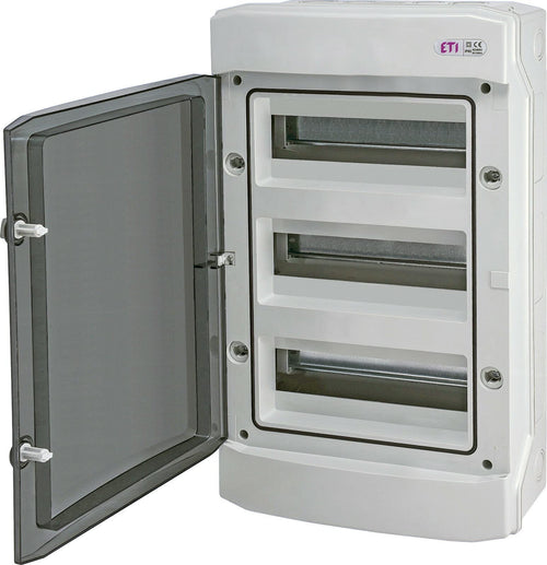 ETI Verteilerkasten Aufputz IP65 3-reihig 36 Module Feuchtraum, ABS-Gehäuse, transparente Polycarbonat-Tür
