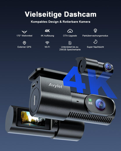 Avylet 4K+1080P Dashcam Dual Auto Kamera - Mini 5GHz Wi-Fi