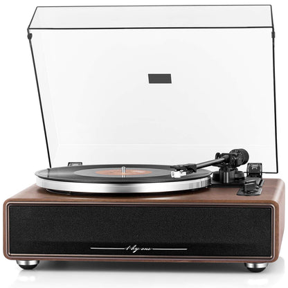 1 by ONE Plattenspieler mit Bluetooth und eingebauten Lautsprechern: Rechteckiges, schwarzes Gerät mit Plattenteller und Tonarm. Spielt Schallplatten und streamt Bluetooth-Audio.