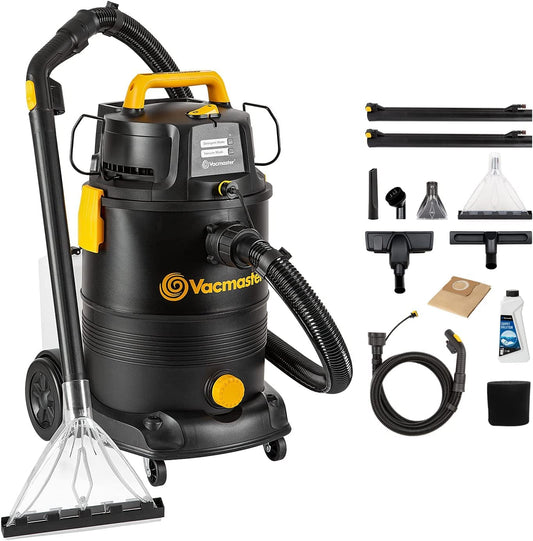 Vacmaster VK1330PWR 3-in-1 Waschsauger Nass/Trocken - 30L: Zylindrischer Sauger in Schwarz/Grau auf Rollen. Reinigt Böden nass/trocken und Teppiche.