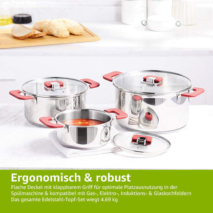 Amazon Basics Kochtopf-Set Edelstahl 3-teilig mit Deckeln 16/20/24 cm