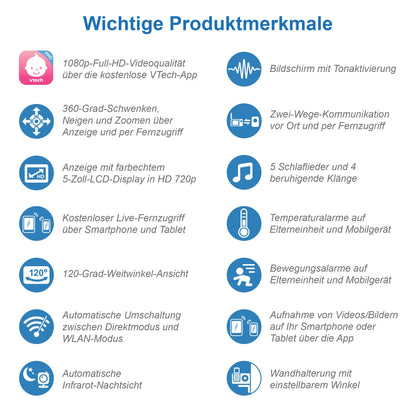 Vtech VM901-1W Smart Babyphone, WiFi-Kamera & 5 Zoll HD Display