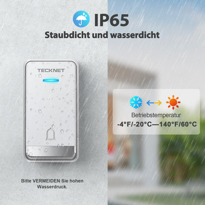 TECKNET Kabellose Türklingel, batterielos, 3 Empfänger + 1 Sender