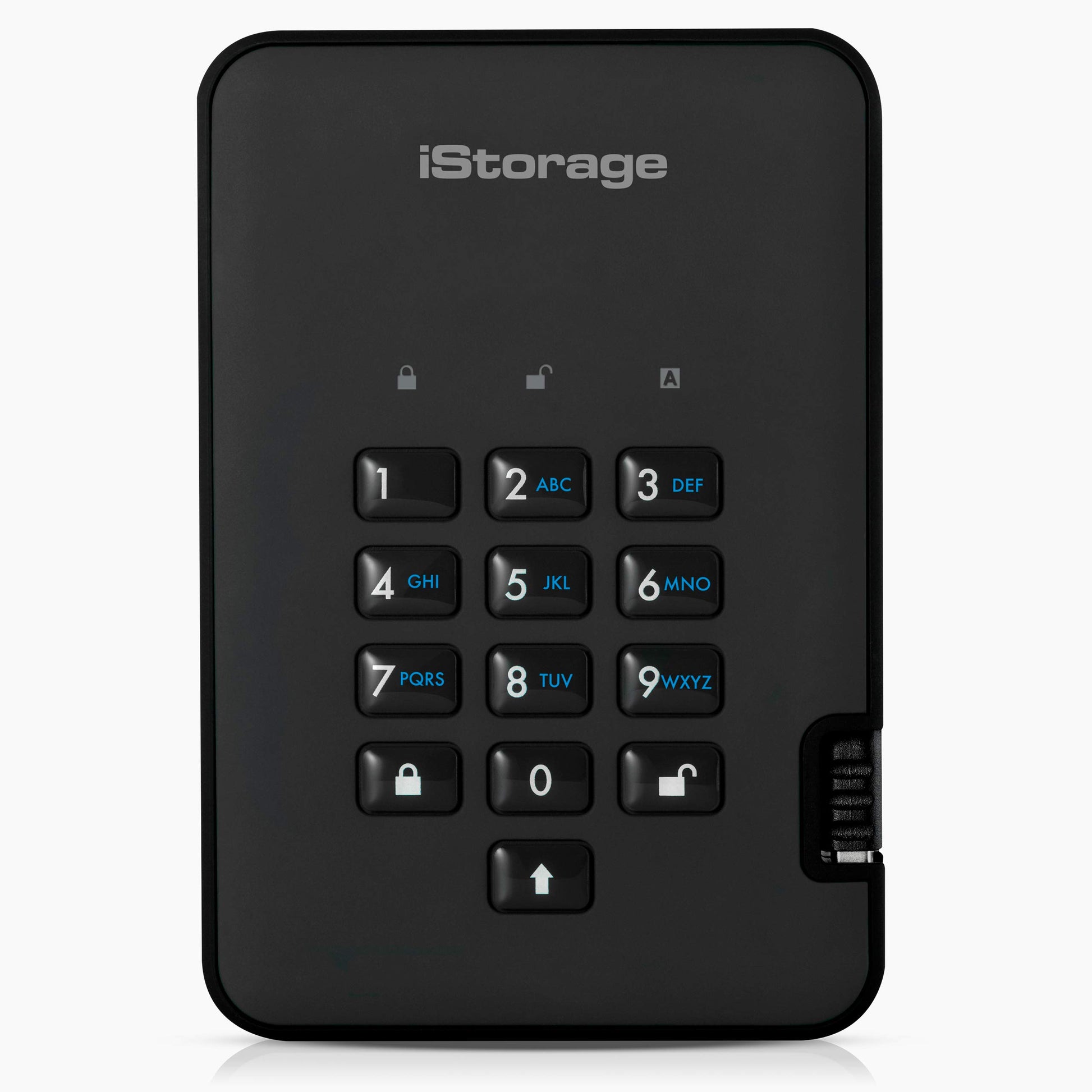 iStorage diskAshur2 HDD 3TB Schwarz – Sichere Festplatte. Schwarzes rechteckiges Gehäuse mit Tastatur. Verschlüsselt Daten für externen sicheren Speicher.