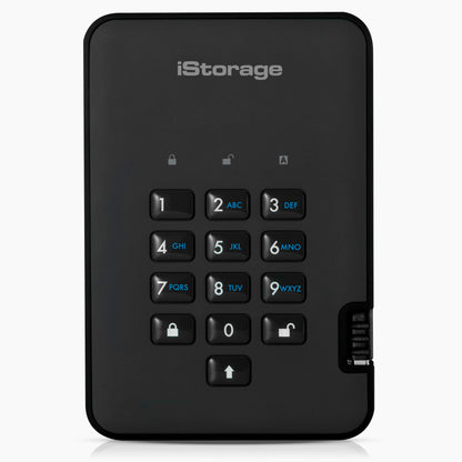 iStorage diskAshur2 HDD 3TB Schwarz – Sichere Festplatte. Schwarzes rechteckiges Gehäuse mit Tastatur. Verschlüsselt Daten für externen sicheren Speicher.