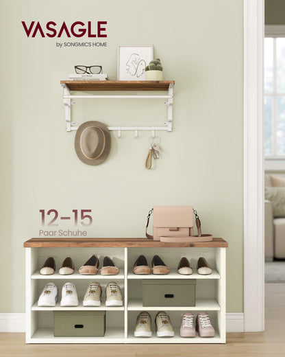 VASAGLE Schuhbank mit Stauraum, 6 Fächer, vintageweiss-honigbraun